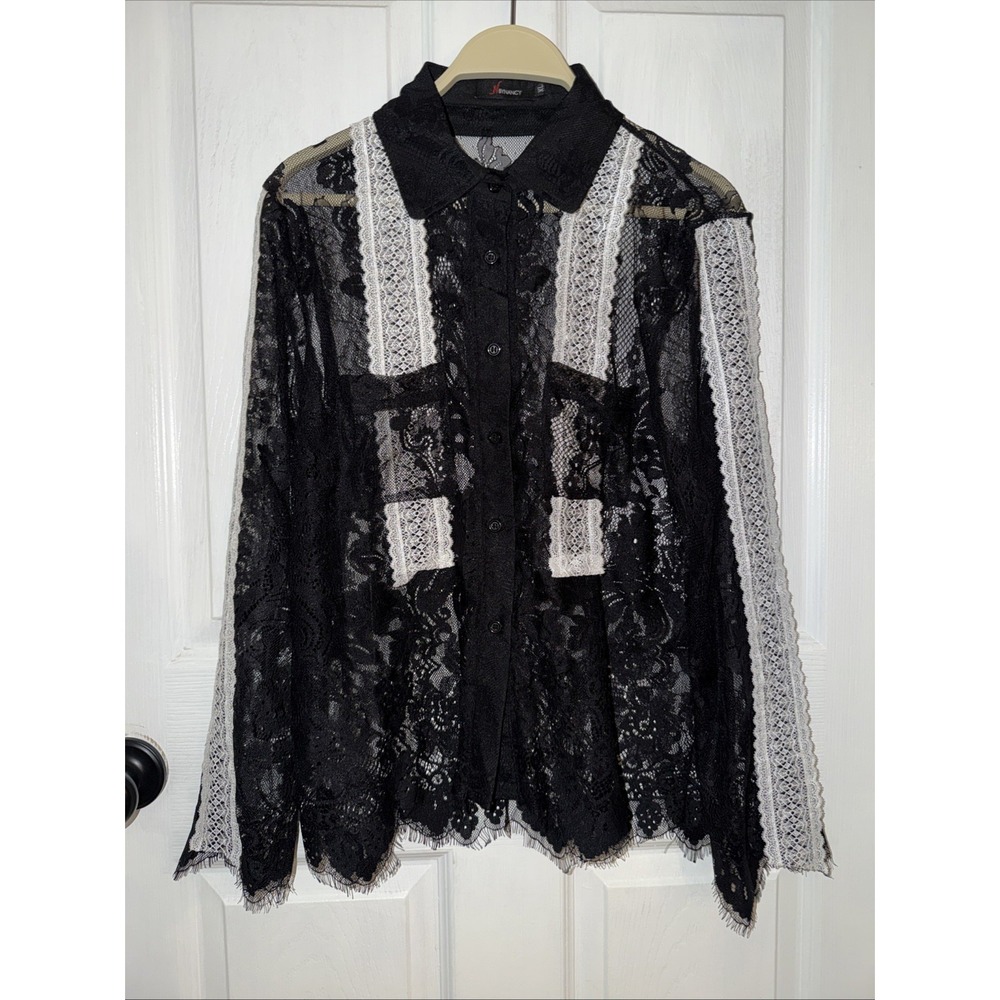 N By Nancy Women's Black White Lace Trim Blouse Button Sheer Toile Sizeโ XL Goth